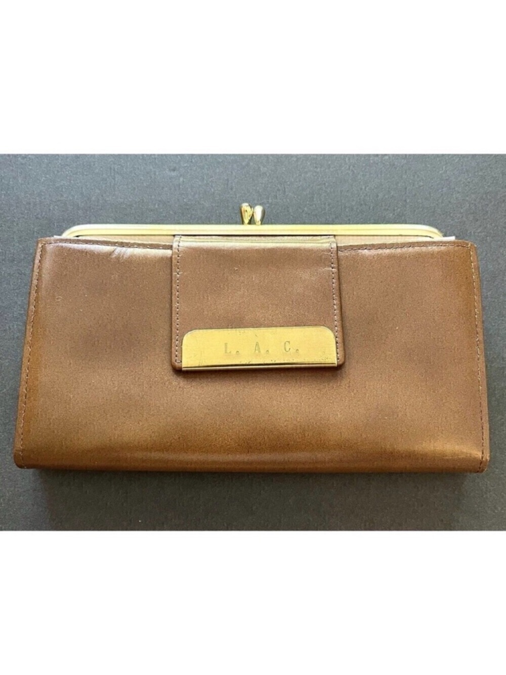 Womens Brown Calfskin Leather Wallet Checkbook "L.A.C" Soft Kiss Lock Vintage